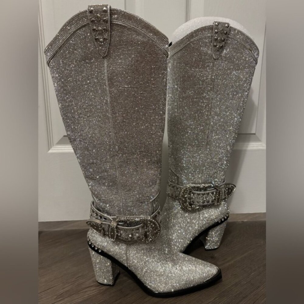 NWOB Dolls Kill / Club Exx Silver Sharp Sheriff Shine Knee High Boots